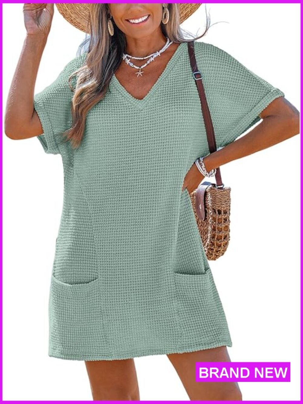 V Neck Short Sleeve Waffle Knit Beach Coverup Dress with Pockets Loose Fit